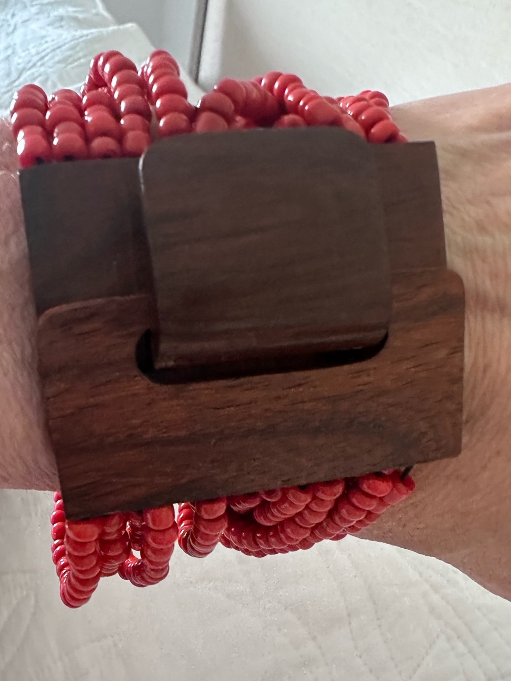 Red Beaded Stretch Bracelet with  Koa Wooden Buckle
